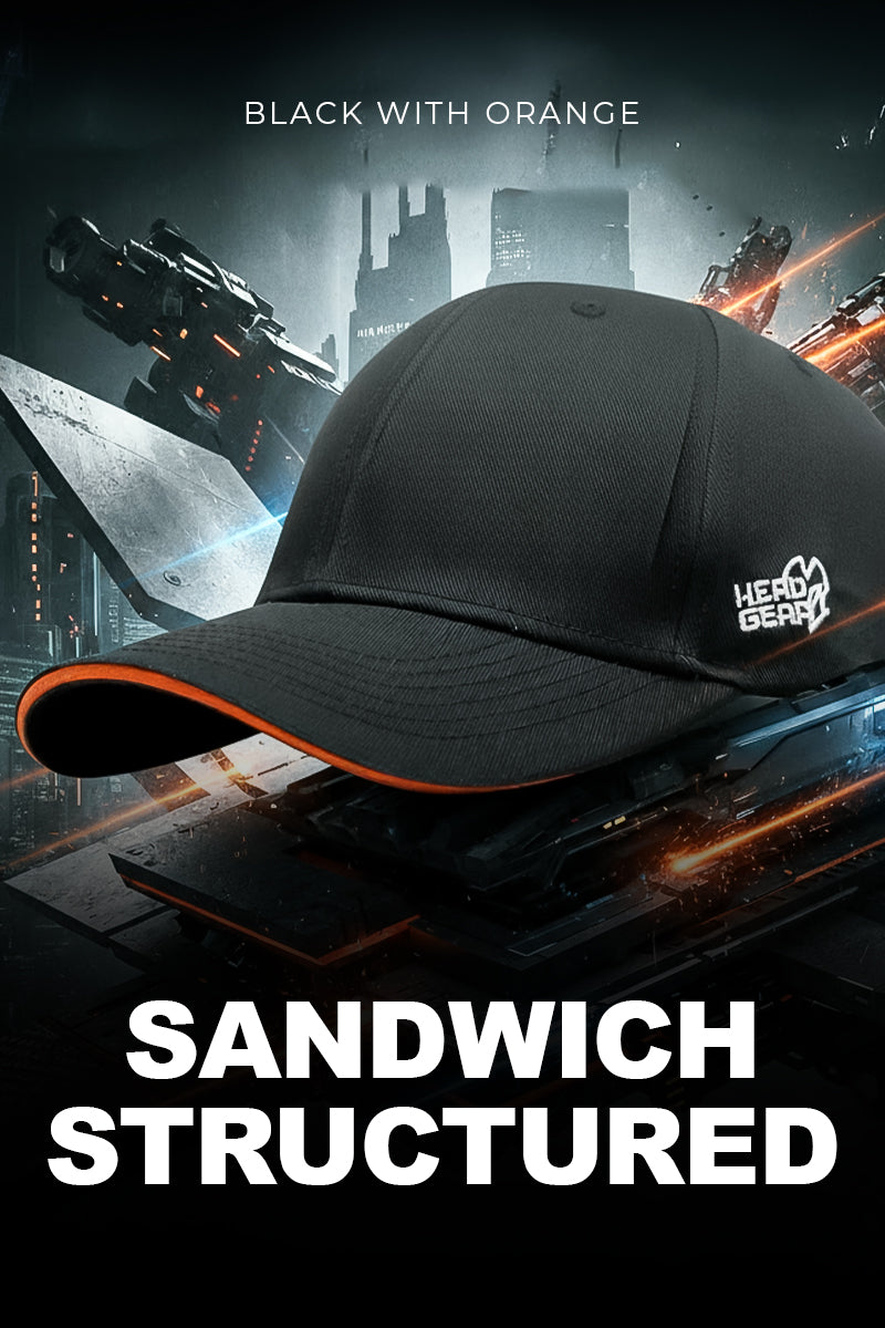 HEAD GEAR BLACK WITH ORANGE SANDWICH STRUCTURED CAP