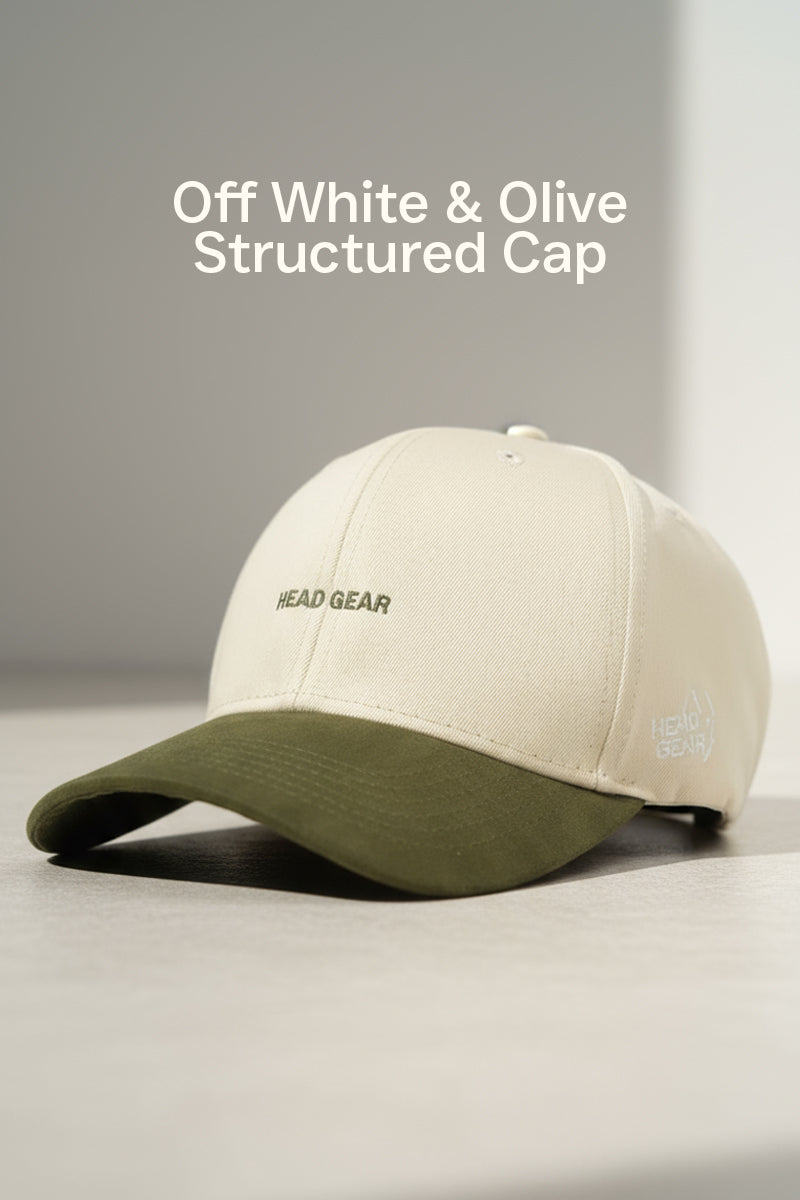 HEAD GEAR OFF WHITE AND OLIVE STRUCTURED CAP
