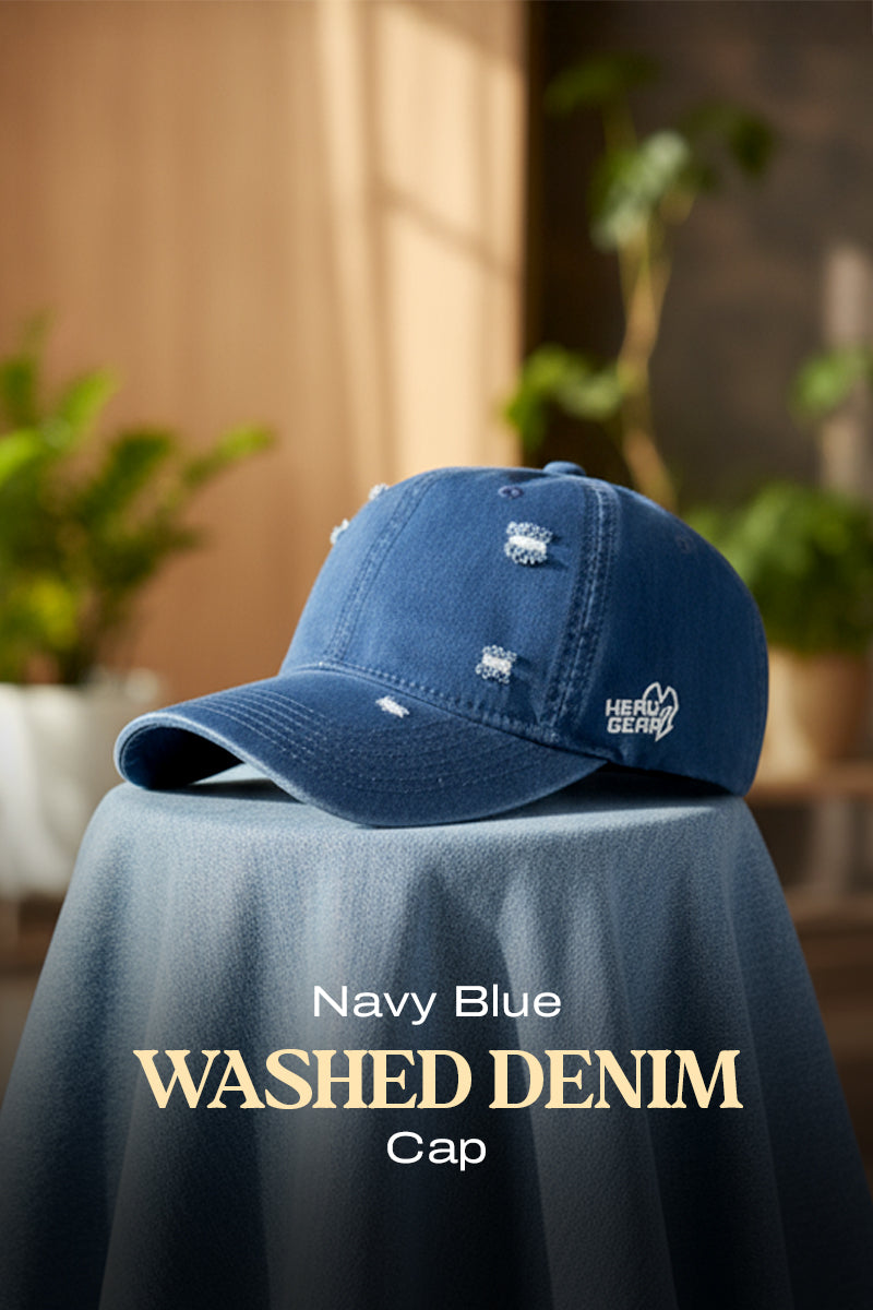 HEAD GEAR NAVY BLUE WASHED DENIM RIPPED CAP