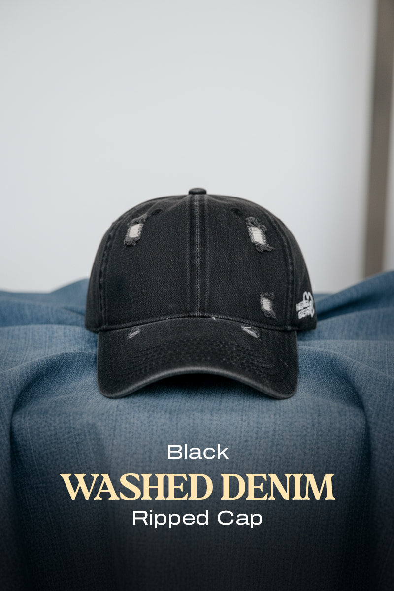 HEAD GEAR BLACK WASHED DENIM RIPPED CAP