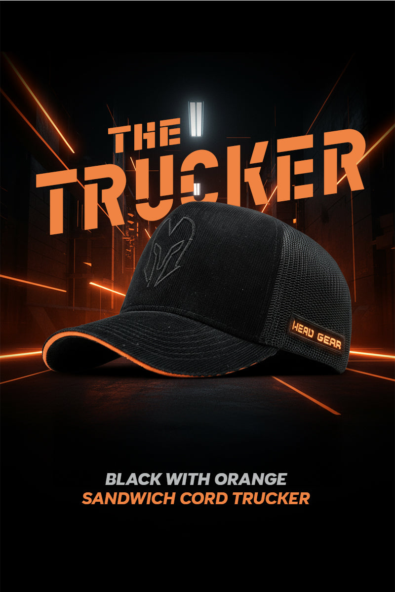 HEAD GEAR BLACK WITH ORANGE SANDWICH CORD TRUCKER CAP