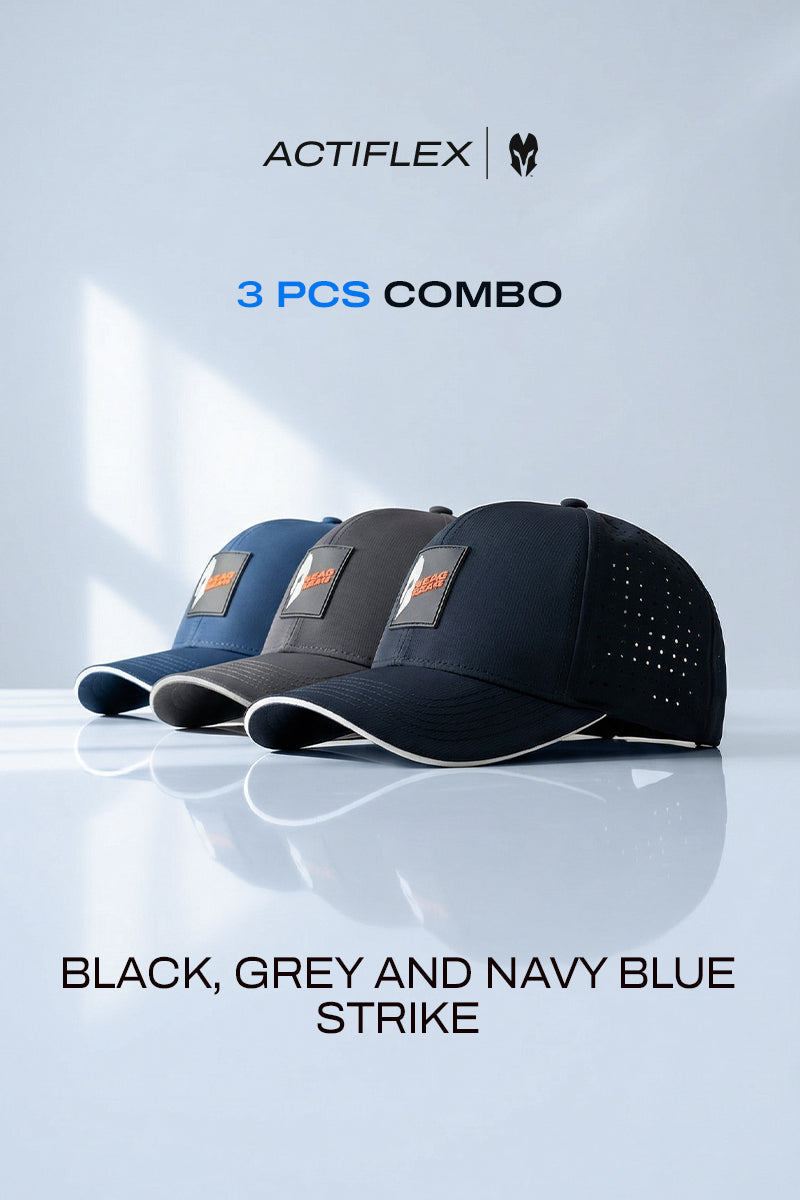 3 PCS COMBO OF BLACK, GREY AND NAVY BLUE ACTI FLEX STRIKE CAP
