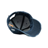 HEAD GEAR WASHED DENIM METAL PATCH RIPPED CAP - DARK NAVY BLUE