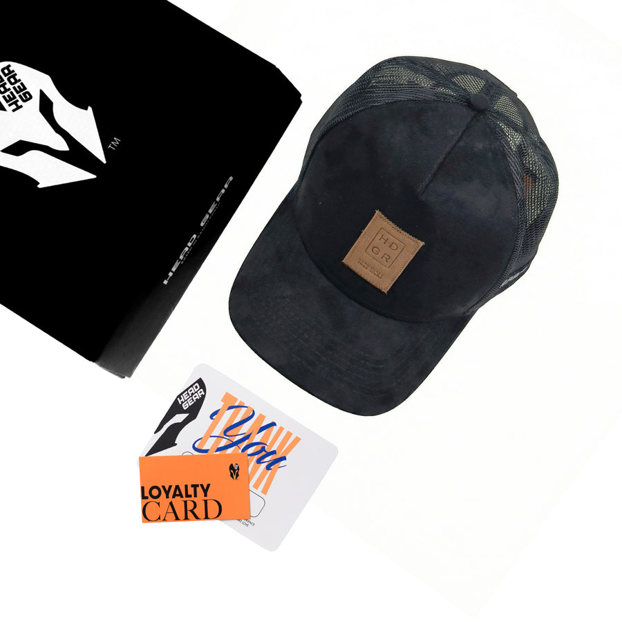 HEAD GEAR BLACK TRUCKER LEATHER PATCH CAP