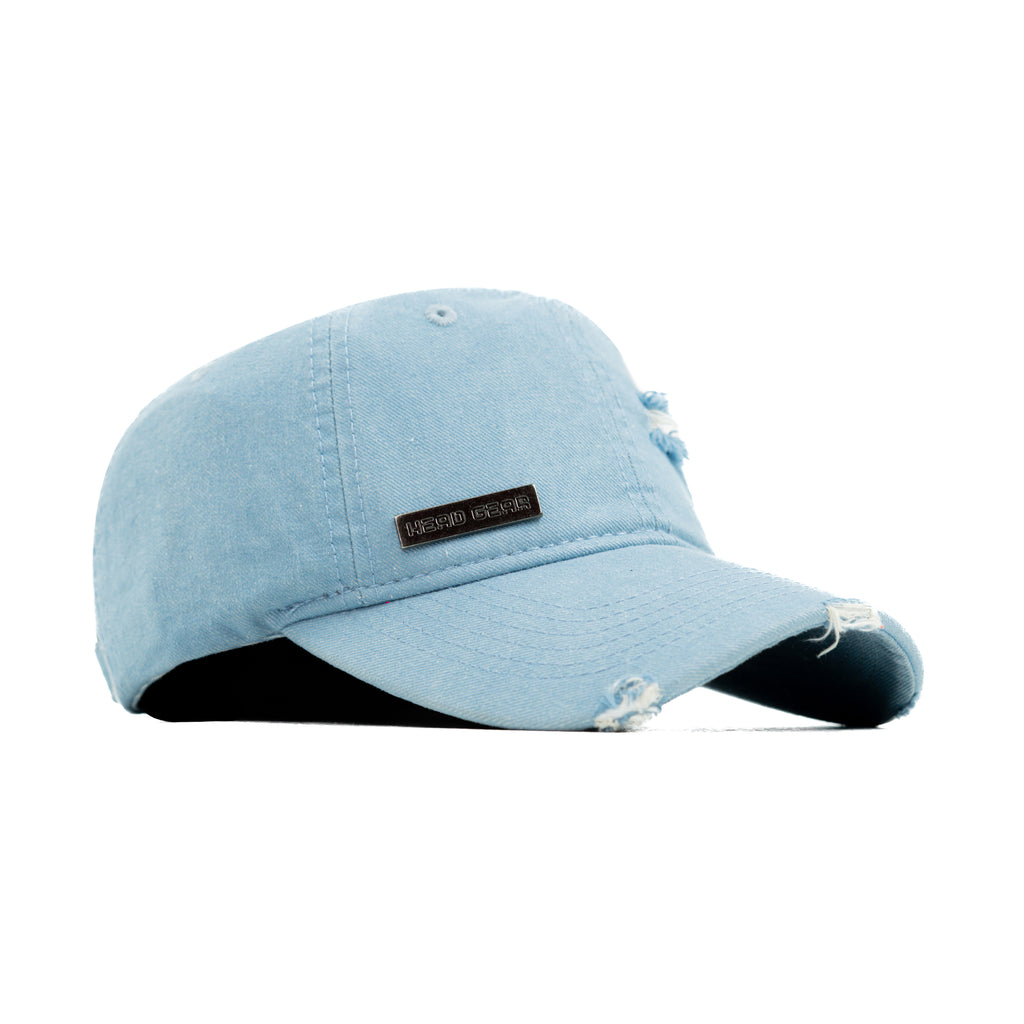 HEAD GEAR WASHED DENIM METAL PATCH RIPPED CAP - LIGHT SKY BLUE