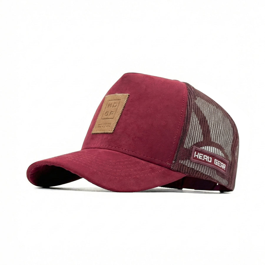 HEAD GEAR RED WINE TRUCKER LEATHER PATCH CAP