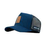 HEAD GEAR NAVY BLUE TRUCKER LEATHER PATCH CAP