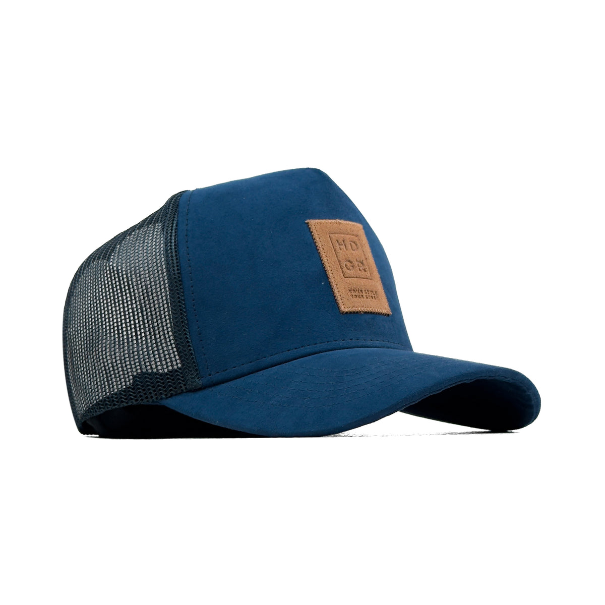 HEAD GEAR NAVY BLUE TRUCKER LEATHER PATCH CAP