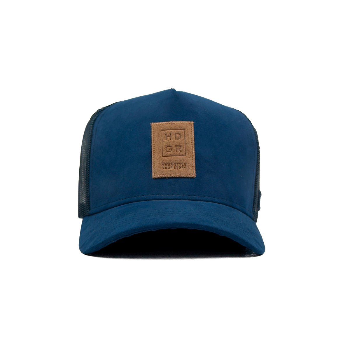 HEAD GEAR NAVY BLUE TRUCKER LEATHER PATCH CAP