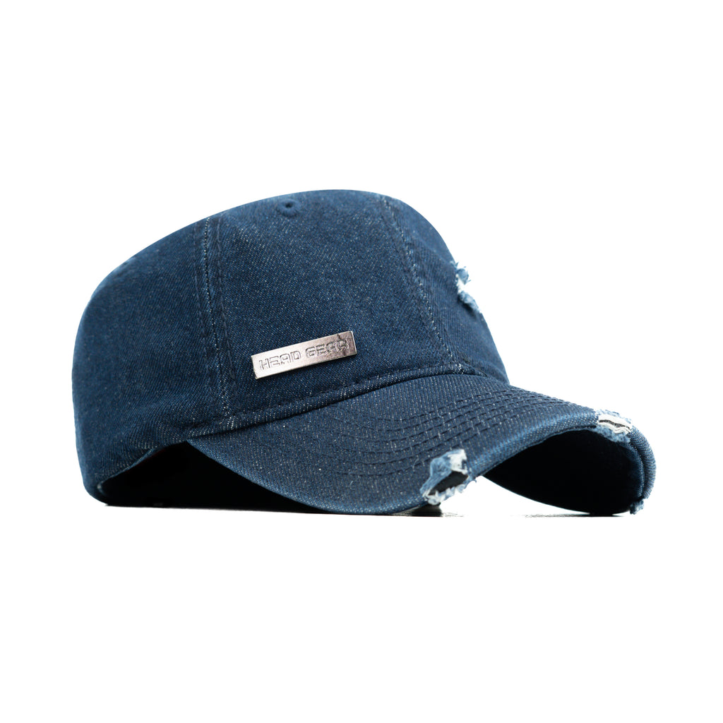 HEAD GEAR WASHED DENIM METAL PATCH RIPPED CAP - DARK NAVY BLUE