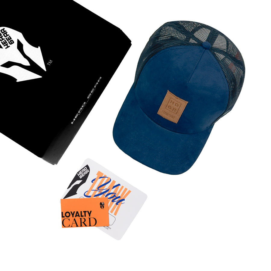 HEAD GEAR NAVY BLUE TRUCKER LEATHER PATCH CAP