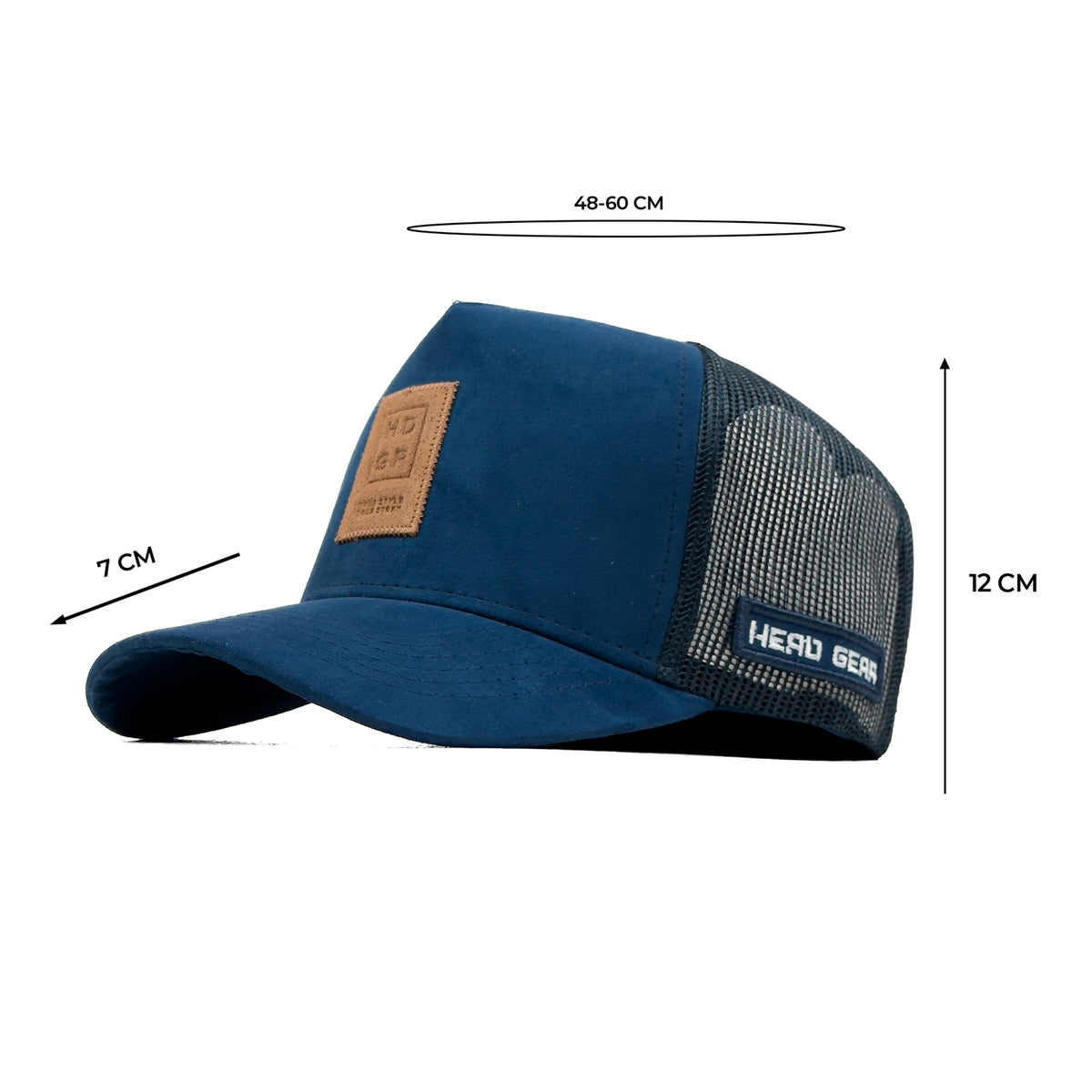 HEAD GEAR NAVY BLUE TRUCKER LEATHER PATCH CAP