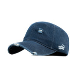 HEAD GEAR WASHED DENIM METAL PATCH RIPPED CAP - DARK NAVY BLUE