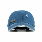 HEAD GEAR WASHED DENIM METAL PATCH RIPPED CAP - BLUE