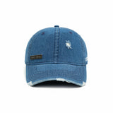 HEAD GEAR WASHED DENIM METAL PATCH RIPPED CAP - BLUE