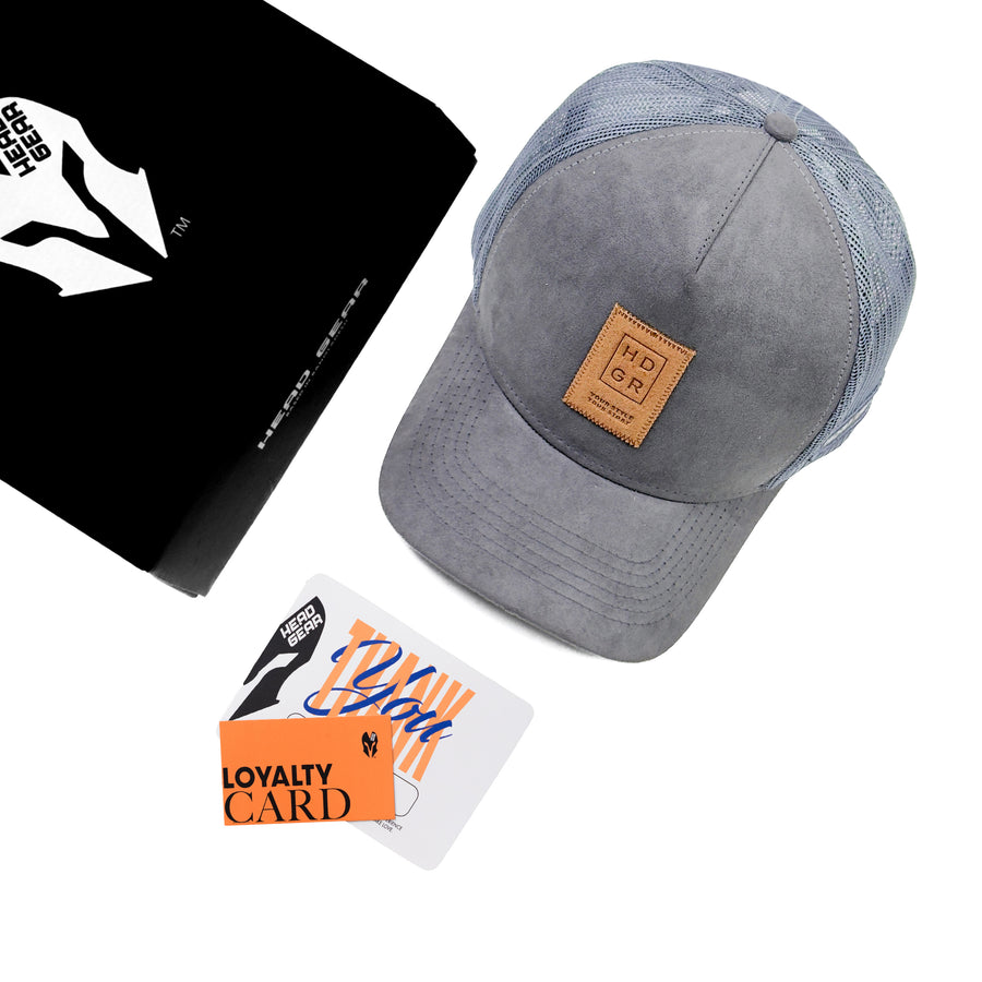 HEAD GEAR GREY TRUCKER LEATHER PATCH CAP