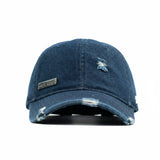 HEAD GEAR WASHED DENIM METAL PATCH RIPPED CAP - DARK NAVY BLUE