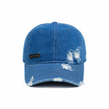 HEAD GEAR WASHED DENIM METAL PATCH RIPPED CAP - DARK BLUE