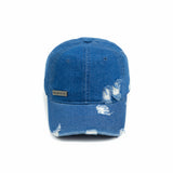 HEAD GEAR WASHED DENIM METAL PATCH RIPPED CAP - DARK BLUE