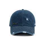 HEAD GEAR WASHED DENIM METAL PATCH RIPPED CAP - DARK NAVY BLUE