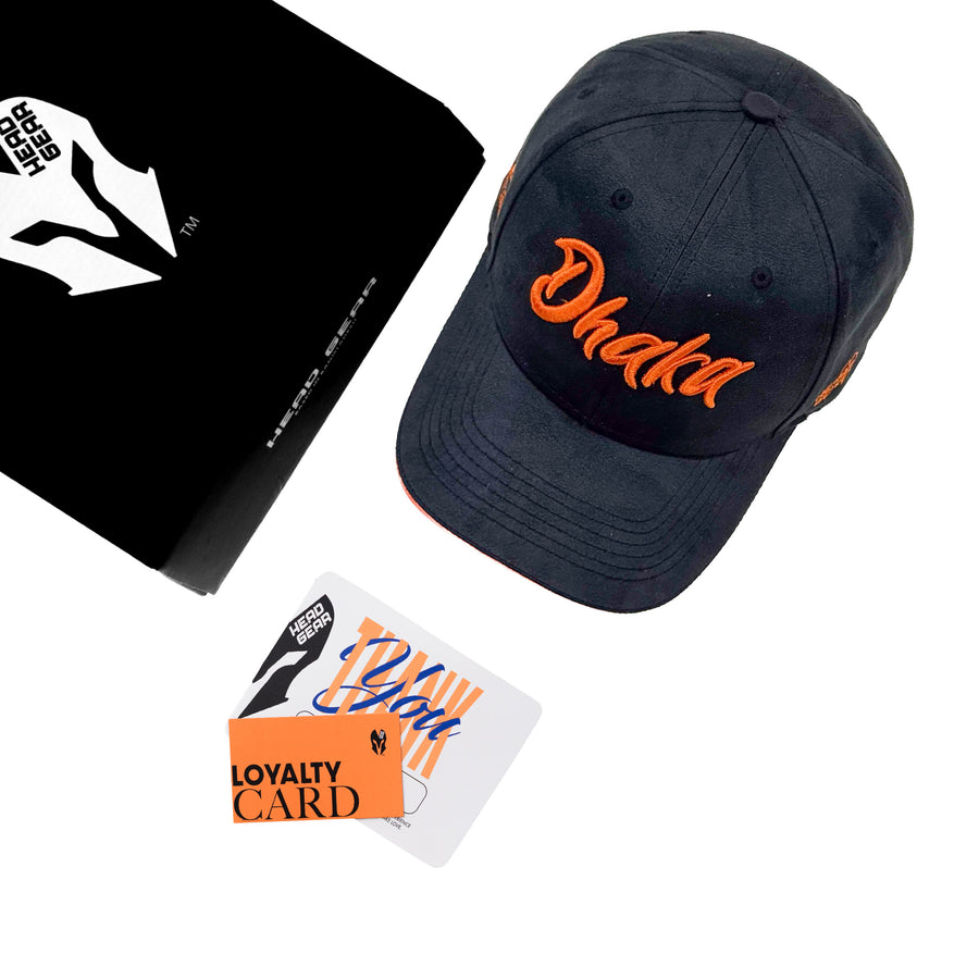 HEAD GEAR DHAKA BLACK WITH ORANGE SANDWICH SUEDE CAP