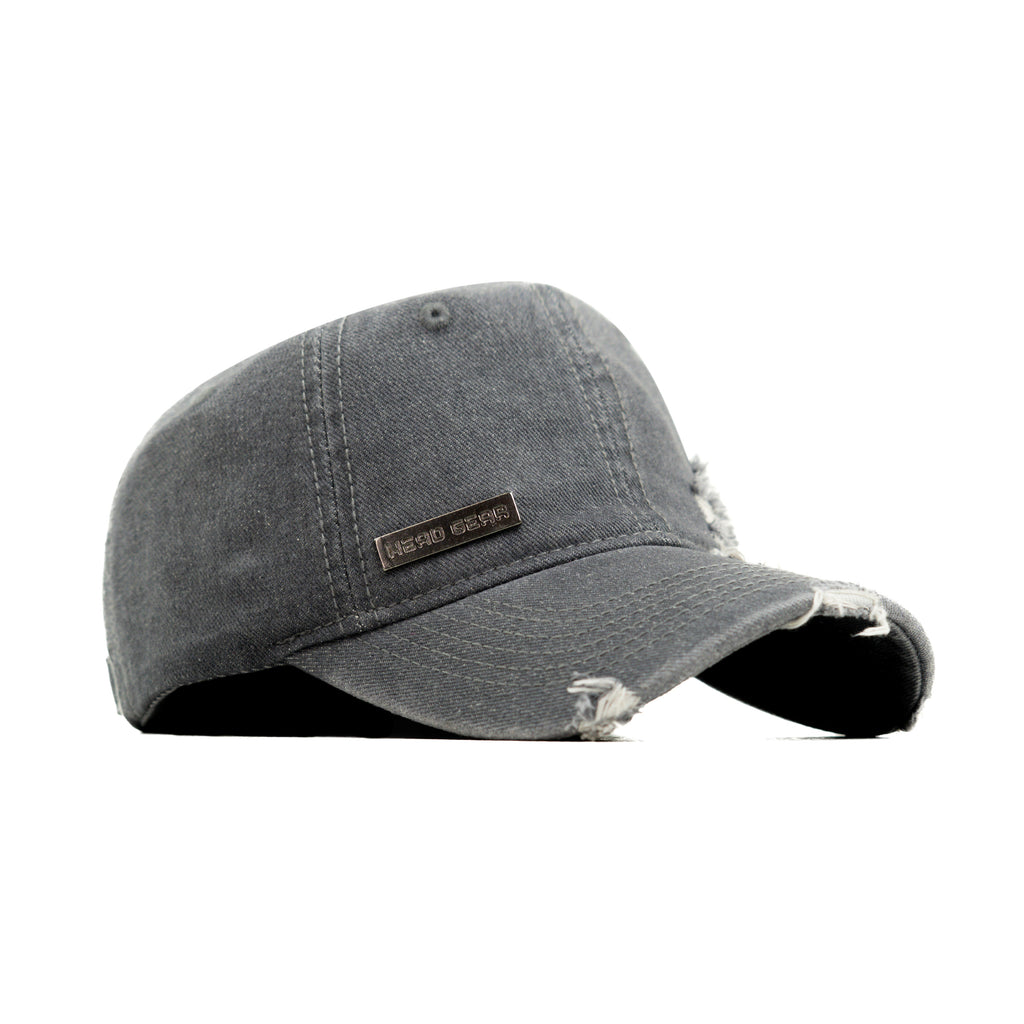 HEAD GEAR WASHED DENIM METAL PATCH RIPPED CAP - GREY