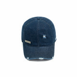 HEAD GEAR WASHED DENIM METAL PATCH RIPPED CAP - DARK NAVY BLUE