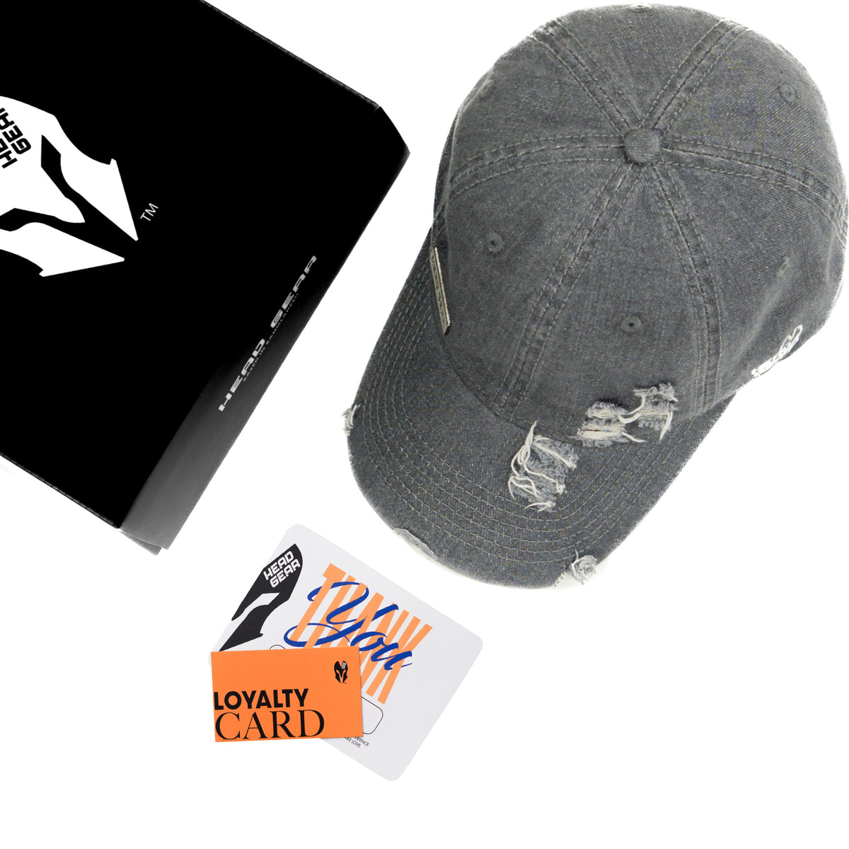 HEAD GEAR WASHED DENIM METAL PATCH RIPPED CAP - GREY – Head Gear