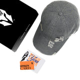 HEAD GEAR WASHED DENIM METAL PATCH RIPPED CAP - GREY