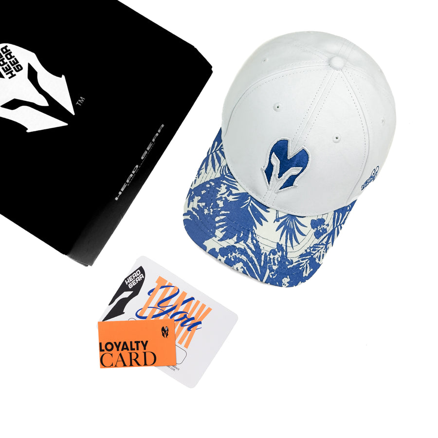 HEAD GEAR WHITE AND BLUE PRINTED REDEFINED SUEDE CAP