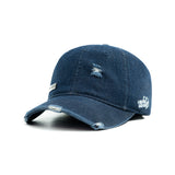 HEAD GEAR WASHED DENIM METAL PATCH RIPPED CAP - DARK NAVY BLUE