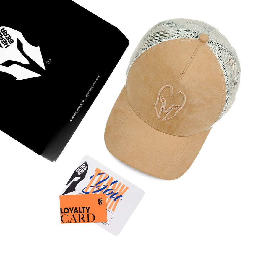 HEAD GEAR BEIGE SUPER SUEDE TRUCKER CAP