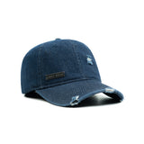 HEAD GEAR WASHED DENIM METAL PATCH RIPPED CAP - DARK NAVY BLUE
