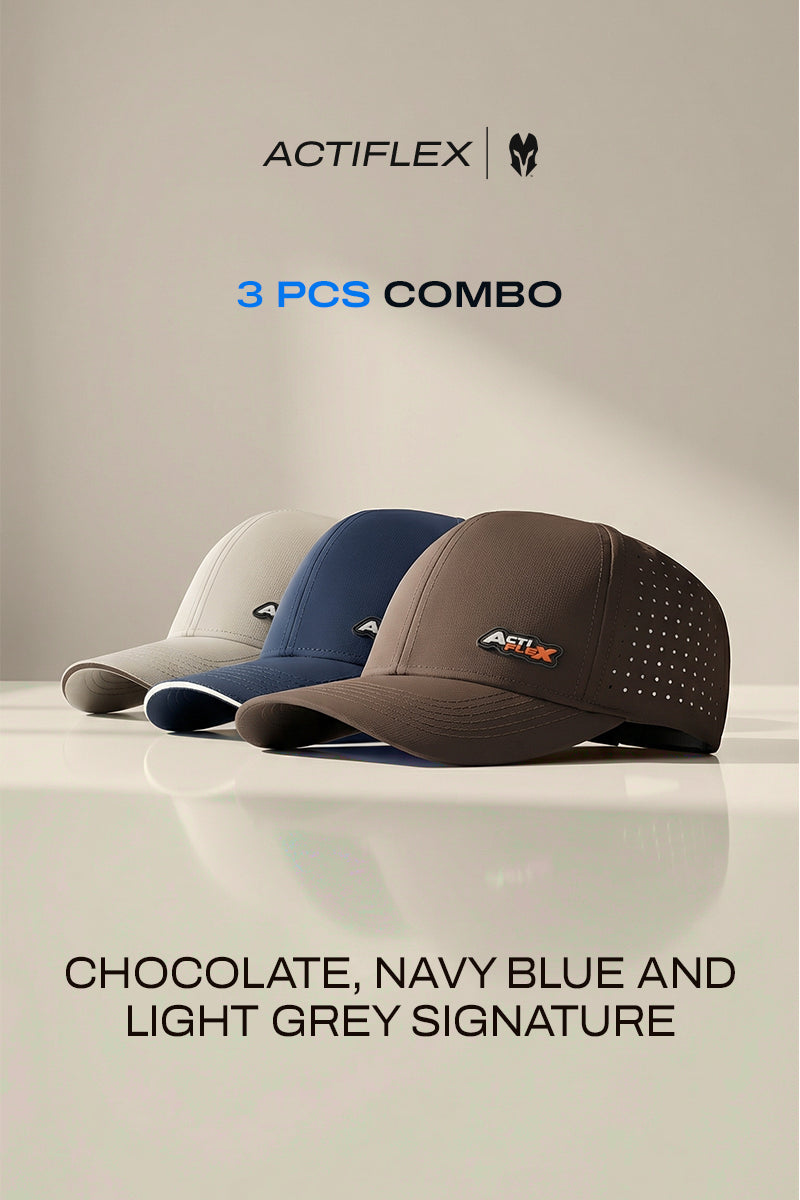 3 PCS COMBO OF CHOCOLATE, NAVY BLUE AND LIGHT GREY ACTI FLEX SIGNATURE CAP