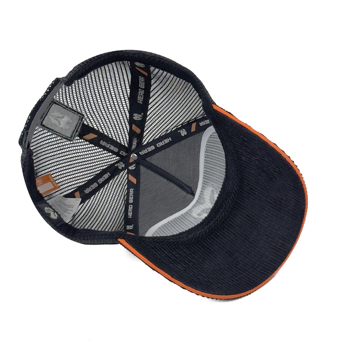 HEAD GEAR BLACK WITH ORANGE SANDWICH CORD TRUCKER CAP