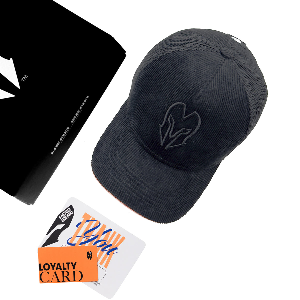 HEAD GEAR BLACK WITH ORANGE SANDWICH CORD TRUCKER CAP