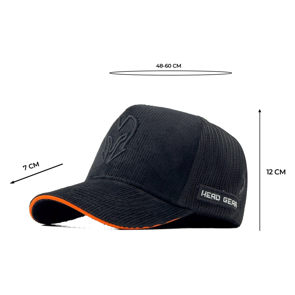 HEAD GEAR BLACK WITH ORANGE SANDWICH CORD TRUCKER CAP