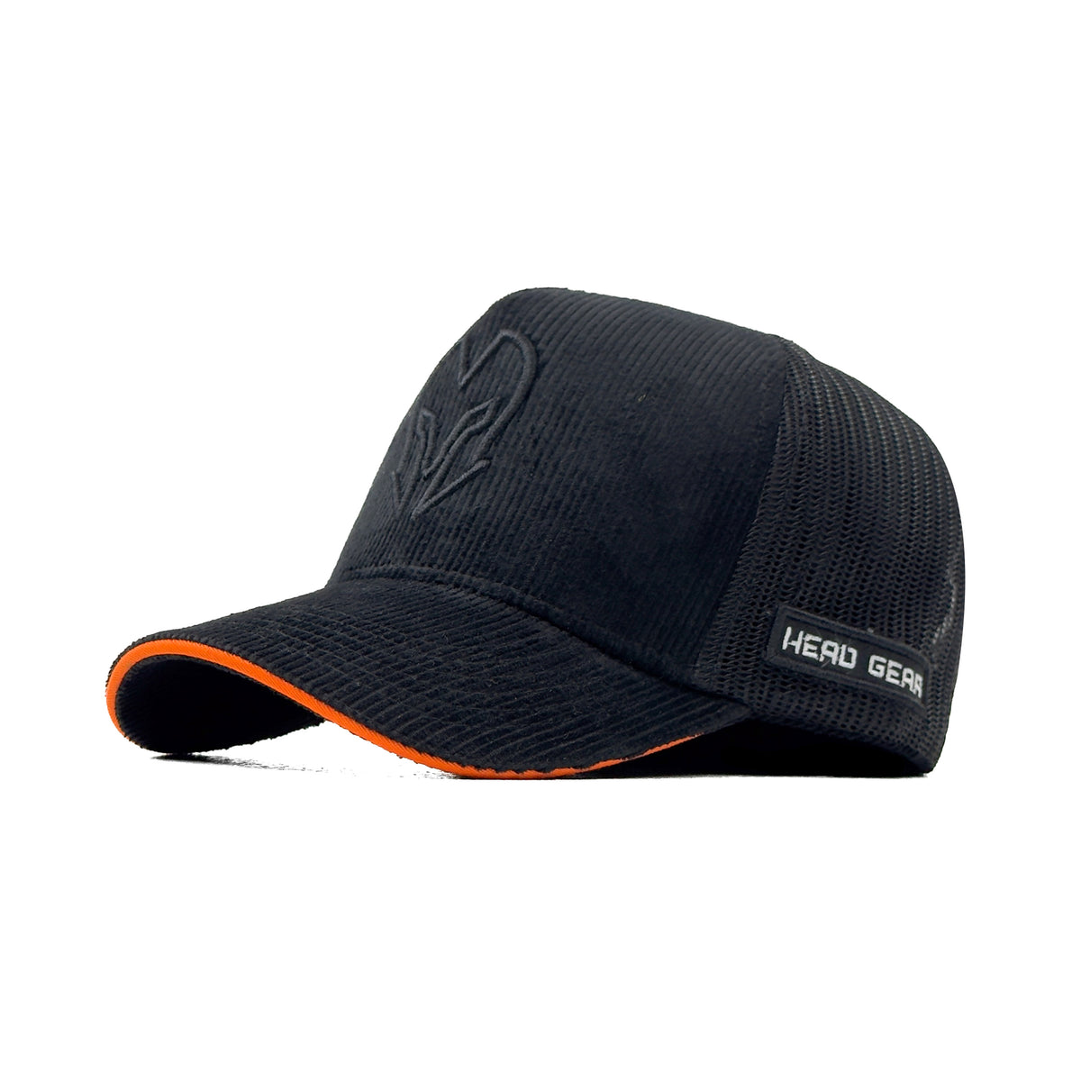 HEAD GEAR BLACK WITH ORANGE SANDWICH CORD TRUCKER CAP
