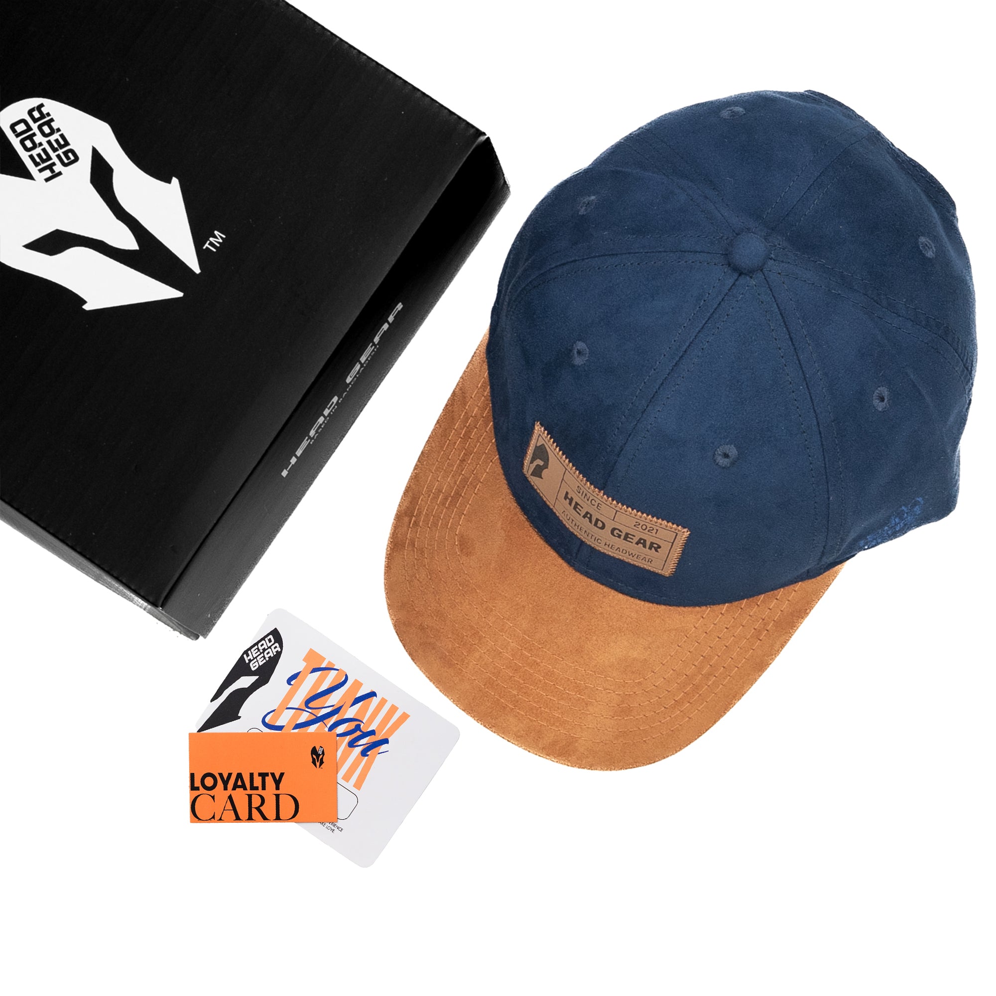 HEAD GEAR NAVY BLUE BROWN LEATHER PATCH CAP