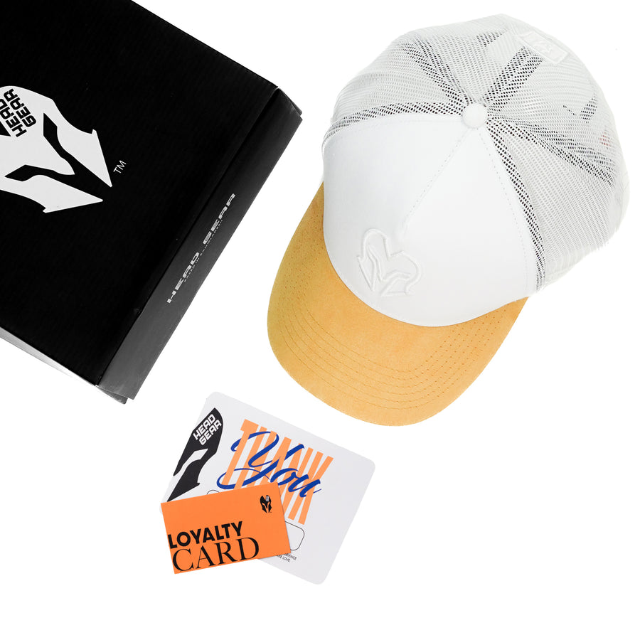 HEAD GEAR WHITE AND MUSTARD DUAL TONE TRUCKER CAP