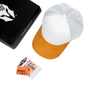 HEAD GEAR WHITE AND MUSTARD DUAL TONE TRUCKER CAP