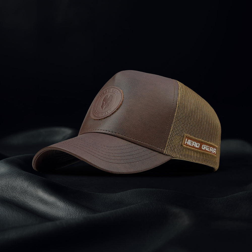 HEAD GEAR ASH BROWN FAUX LEATHER TRUCKER LIMITED EDITION CAP