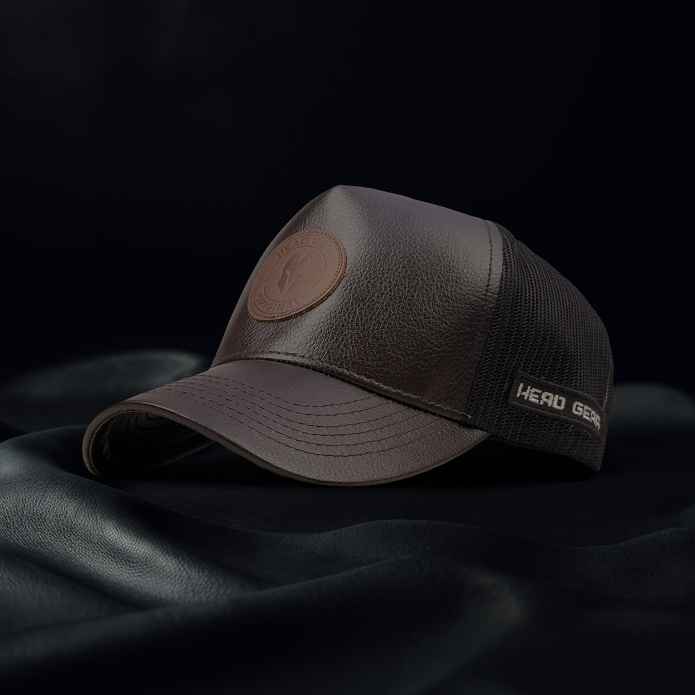 HEAD GEAR DARK BROWN FAUX LEATHER TRUCKER LIMITED EDITION CAP