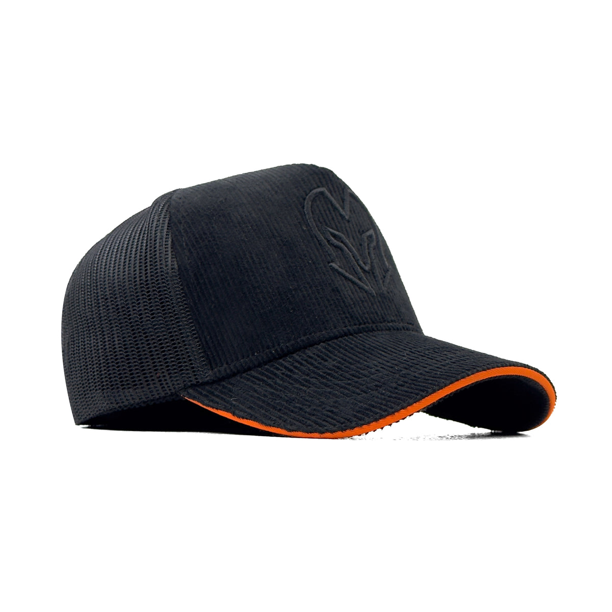 HEAD GEAR BLACK WITH ORANGE SANDWICH CORD TRUCKER CAP
