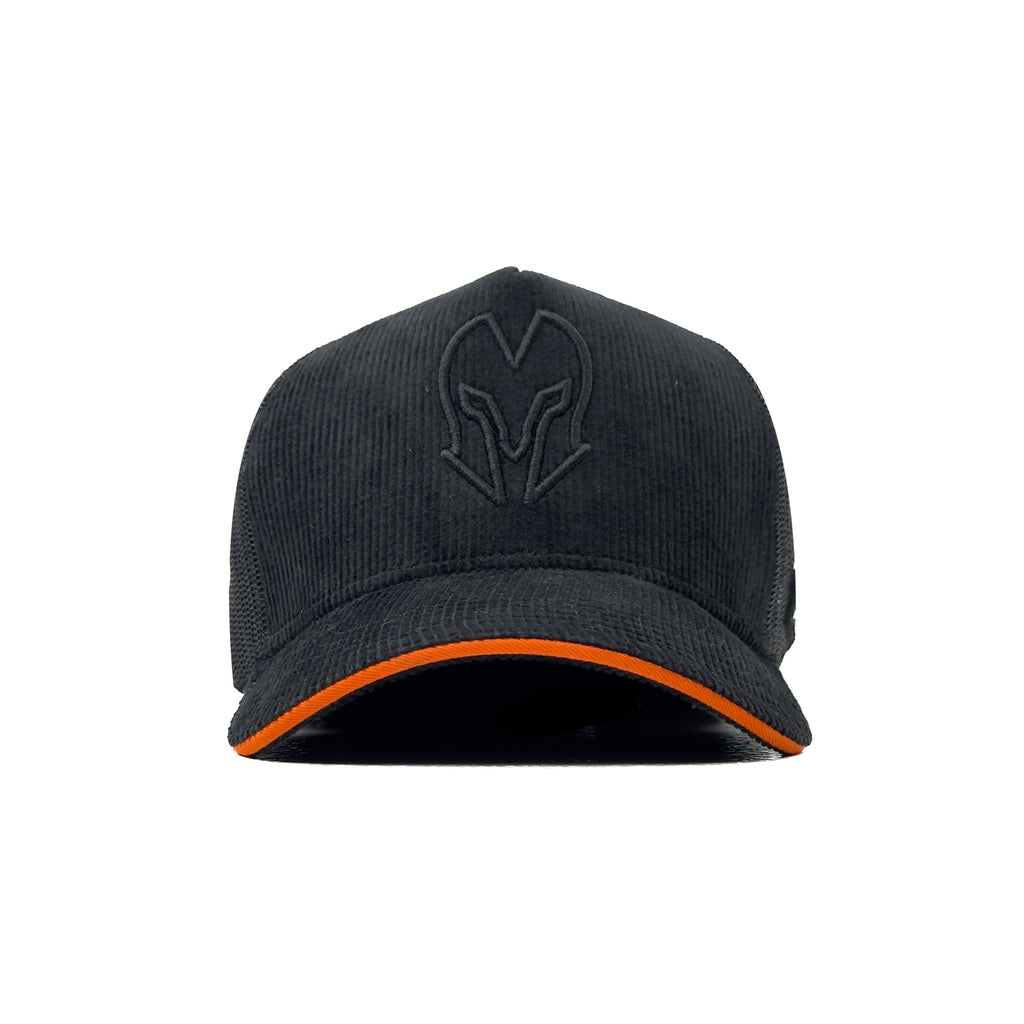 HEAD GEAR BLACK WITH ORANGE SANDWICH CORD TRUCKER CAP