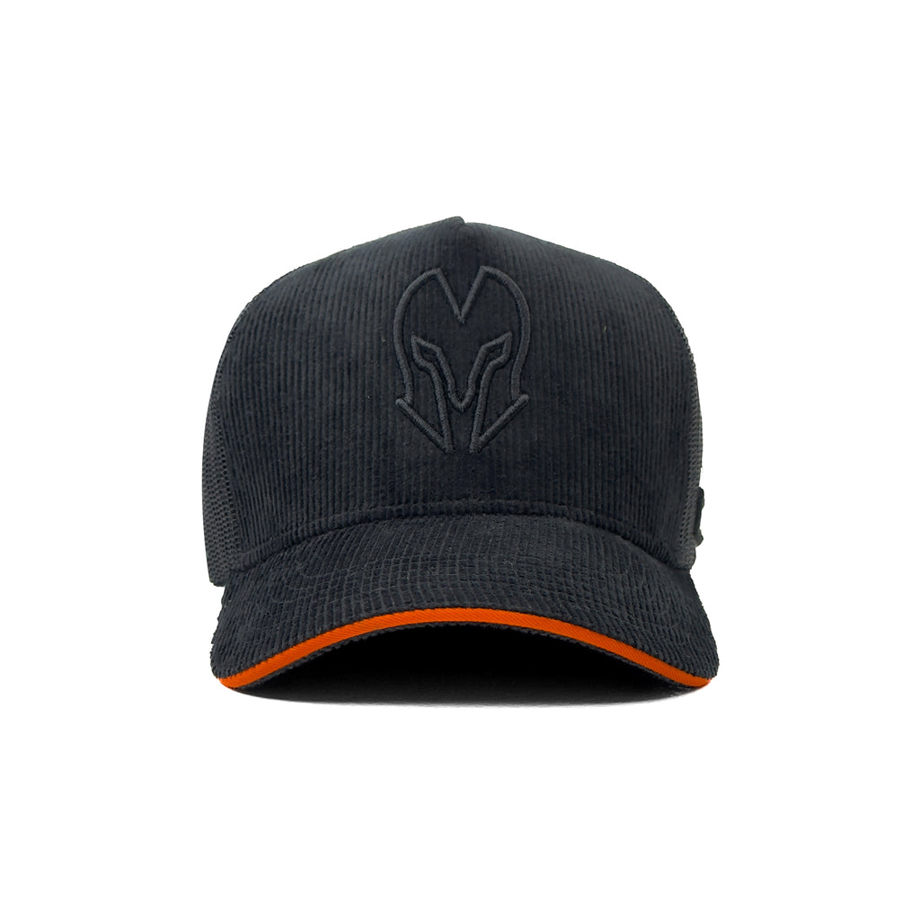 HEAD GEAR BLACK WITH ORANGE SANDWICH CORD TRUCKER CAP