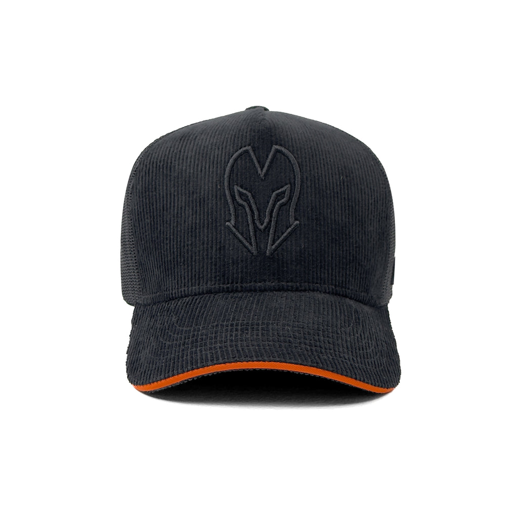 HEAD GEAR BLACK WITH ORANGE SANDWICH CORD TRUCKER CAP