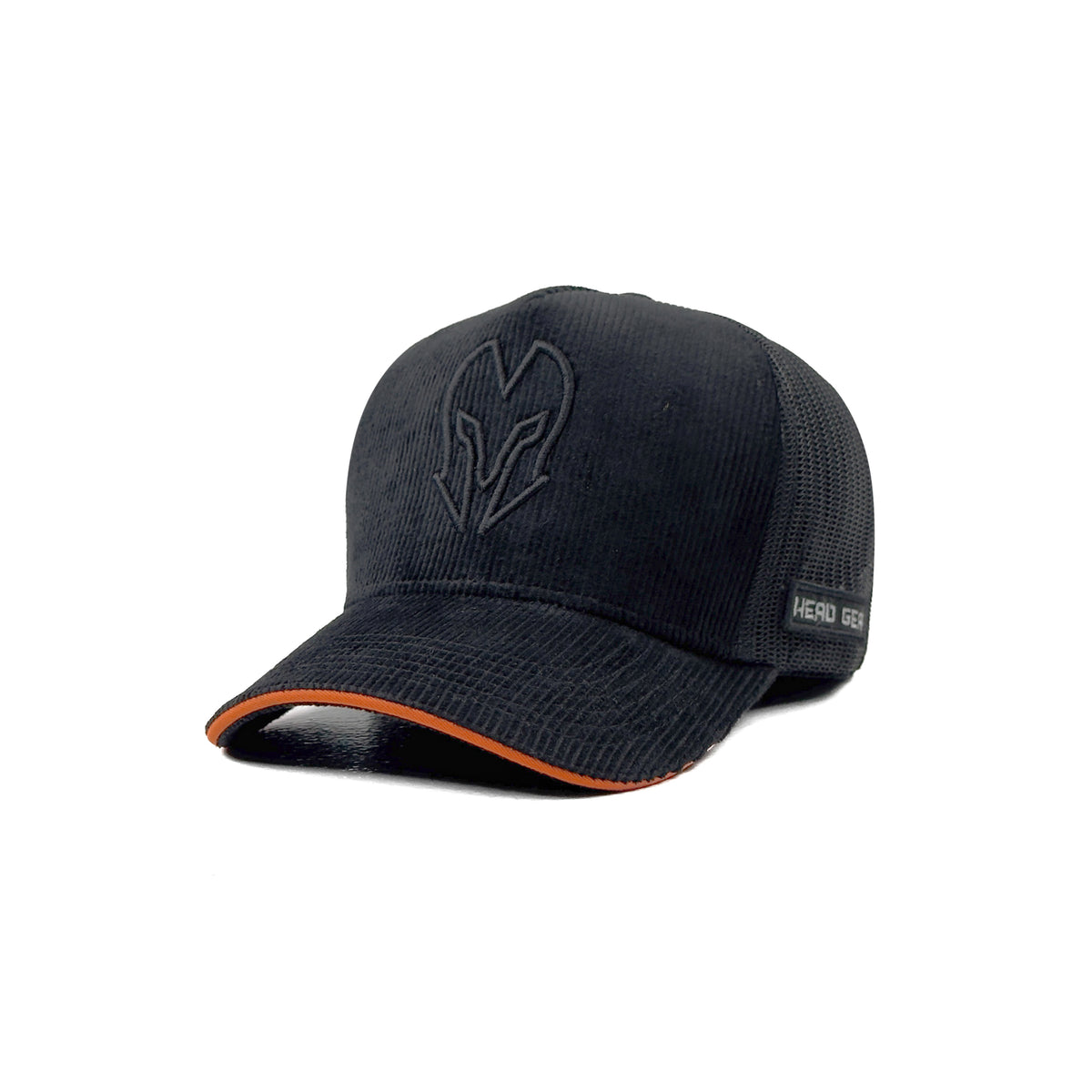 HEAD GEAR BLACK WITH ORANGE SANDWICH CORD TRUCKER CAP
