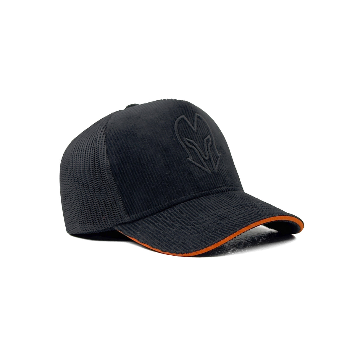 HEAD GEAR BLACK WITH ORANGE SANDWICH CORD TRUCKER CAP