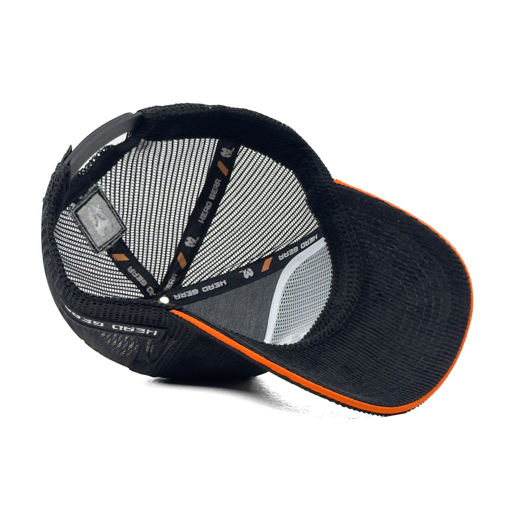 HEAD GEAR BLACK WITH ORANGE SANDWICH CORD TRUCKER CAP
